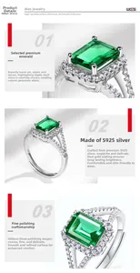 Close-up of S925 silver ring with rectangular emerald-cut green stone and zircon pavé