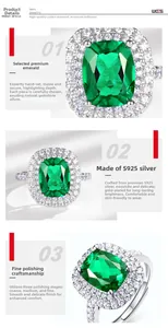Detailed views of S925 silver emerald ring with rectangle cut gem and halo setting