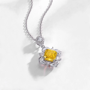 Élégant collier en argent S925 avec pendentif fleur en pierre jaune de 12ct coupe coussin