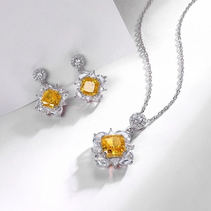 Parure bijoux en argent S925 avec pendentif diamant jaune 12ct et boucles d'oreilles