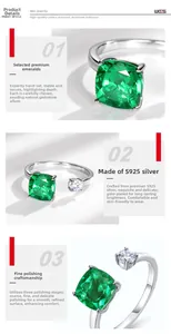 Close-up of S925 silver ring featuring emerald-cut green stone and side round diamond