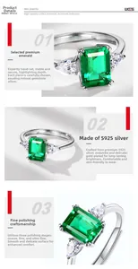 Vue détaillée d'une bague en argent S925 avec pierre émeraude et diamants latéraux poire