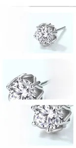 Macro detail of S925 silver moissanite stud earring with six-prong setting and plating