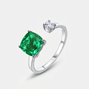 925 Sterling Silver Lab-Created Emerald Open Ring For Women Minimalist Square Green Gemstone Zirconia Adjustable Finger Ring