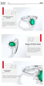 Detailed macro view of oval green emerald ring with S925 silver sunflower halo setting
