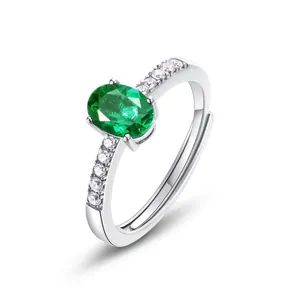 Luxury Oval Lab-Created Emerald Ring S925 Sterling Silver Adjustable Open Ring With Side Rhinestones Fashion Jewelry For Women