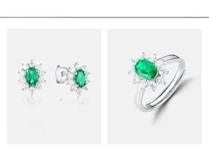 Detailed set of oval emerald ring and stud earrings in S925 silver with halo stones