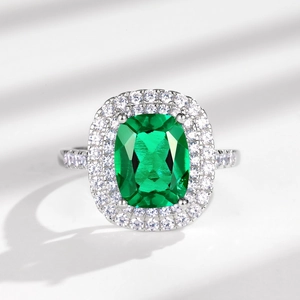Luxury S925 silver ring with large rectangle green emerald and double halo of small diamonds