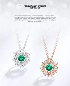 Detailed close-up of snowflake emerald pendants in silver and rose gold finishes