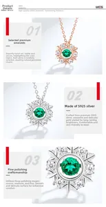 Detailed view of S925 silver snowflake pendant with emerald green stone and small diamonds