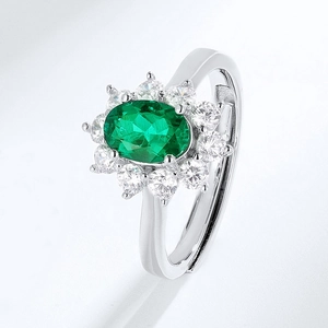 Elegant S925 silver oval lab-grown emerald ring with halo crystals and adjustable band
