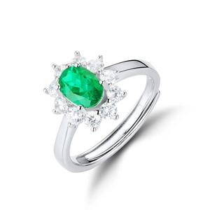 Elegant S925 silver open ring featuring an oval lab-grown emerald with halo zirconia
