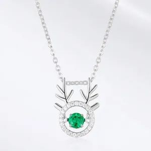 925 Sterling Silver Antler Pendant Necklace Lab Grown Emerald Inlaid Moving Stone Fashion Jewelry For Women Elegant Gift