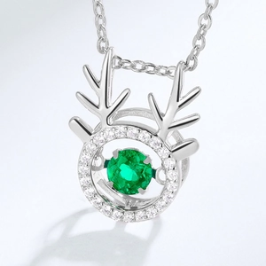 S925 silver deer antler necklace with a sparkling green emerald gemstone pendant