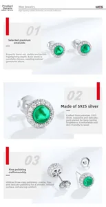 Detail of round emerald stud earrings featuring S925 silver setting and high carbon diamond