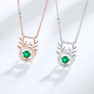 Elegant S925 silver elk necklace with vibrant green emerald pendant in rose gold and silver
