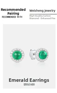 Macro view of ER015480 S925 silver emerald halo stud earrings with cabochon green stones