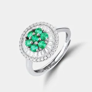 Luxury 925 Sterling Silver Lab-Created Emerald Ring For Women Adjustable Vintage Sunflower Halo Rhinestone Cluster Ring