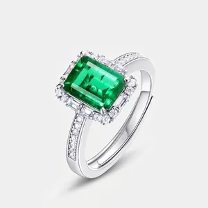 Anillo de Plata de Ley 925 Con Esmeralda Creada en Laboratorio Para Mujer Vintage Halo Corte Esmeralda Gema Verde Anillo Ajustable Con Diamantes de Imitación
