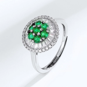 Adjustable S925 silver ring featuring a cluster of emerald stones with halo setting