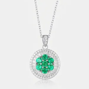 Luxury S925 Sterling Silver Lab Created Emerald Pendant Necklace Round Flower Halo Rhinestone Jewelry For Women Wedding Banquet