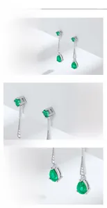 Detailed view of pear-cut emerald earrings with S925 silver finish and drop chain design