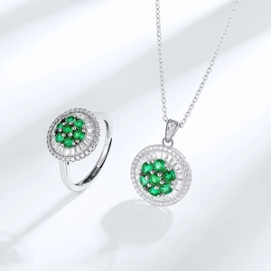 S925 silver necklace and ring set featuring emerald green sunflower gemstone pendants