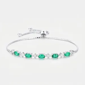 925 Sterlingsilber Labor Geklärter Smaragd Verstellbares Armband Für Damen Grüne Ovale Edelstein Inlay Elegante Mode Schmuck