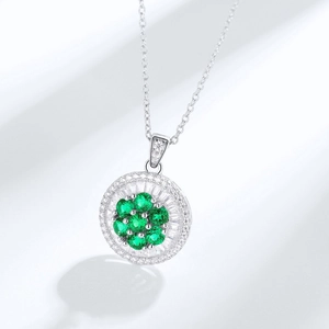 S925 silver necklace with a green emerald flower pendant and clear zircon halo