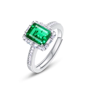 Anillo de plata S925 con esmeralda rectangular y halo de diamantes, banda ajustable