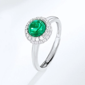 Elegant S925 silver open ring featuring a round green emerald and zircon halo setting