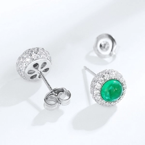 S925 silver stud earrings featuring round emerald stones and zircon accents