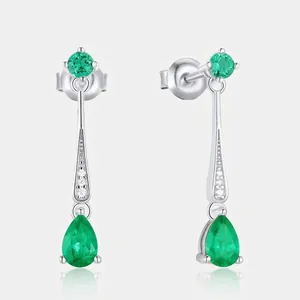 S925 Sterling Silver Lab-Created Emerald Drop Earrings Elegant Green Pear Cut Gemstone Dangle Earrings For Women Fashion Jewelry