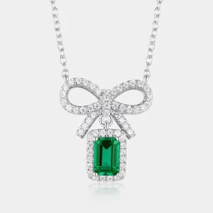Elegante 925 Sterlingsilber Schleife Anhänger Halskette Mit Laborgezüchtetem Smaragd Grünem Edelstein Für Damen Mode Schmuck