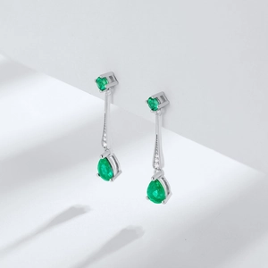 Elegant S925 silver threader earrings with pear-cut emerald gemstones and white diamonds