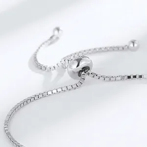 Verstellbare S925 Sterling Silber Box-Kette Armband mit glattem Schiebeperlenverschluss