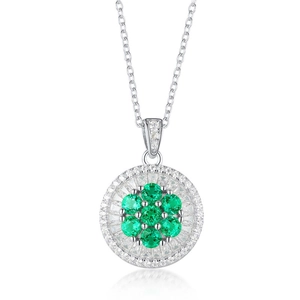 S925 silver round floral necklace with central emerald stones and diamond halo