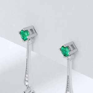 S925 silver threader earrings with round emerald stone and long drop zircon accents