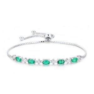 Verstellbares S925 Sterlingsilber-Armband mit fünf ovalen grünen Smaragd-Edelsteinen