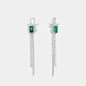 Lab Created Emerald Bowknot Tassel Earrings For Women 925 Sterling Silver Post Luxurious Zirconia Dangle Earrings Jewelry