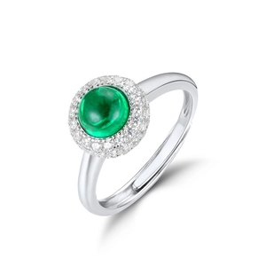 S925 sterling silver emerald ring featuring a green cabochon gemstone and white side stones