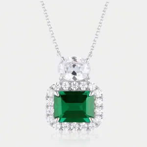 Collier Pendentif Émeraude de Culture pour Femmes Argent Sterling 925 Zirconia Halo Géométrique Bijoux de Fiançailles Luxueux