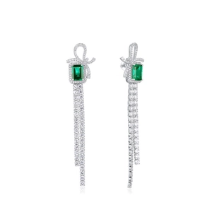 S925 Silver bow stud earrings with emerald-cut green gemstone and dangling long tassels