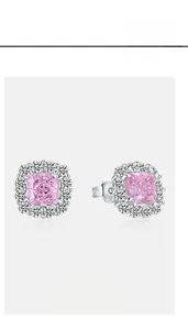 Macro view of square pink carbon diamond ear studs with halo setting in S925 silver