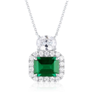 Collier de luxe avec pendentif émeraude rectangulaire et halo de diamants en argent
