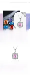 Macro view of S925 silver necklace with 6x6mm pink cushion-cut stone and halo setting