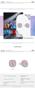 Macro detail of S925 silver halo earrings with pink square high-carbon diamonds