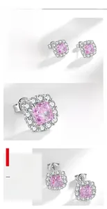 Detailed view of square pink carbon diamond stud earrings with S925 sterling silver halo