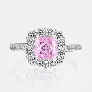 Luxury 925 Sterling Silver Square Pink Zirconia Ring Elegant Halo Inlaid Geometric Engagement Finger Ring For Women Jewelry