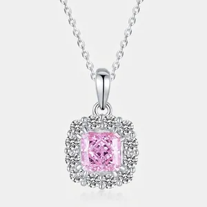 S925 Sterling Silver Pink Zirconia Square Princess Cut Halo Pendant Only Without Chain Luxurious Fashion Jewelry For Women